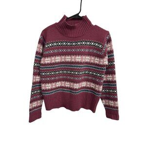 Vintage Crystal Kobe Fair Isle Turtleneck Pullover Sweater Burgundy Sz Small